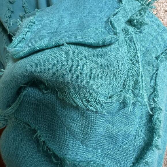 Pecock Ways Artisan 100% Linen Teal Lagenlook Tunic Top Dress Sz L Art To Wear - Picture 7 of 16